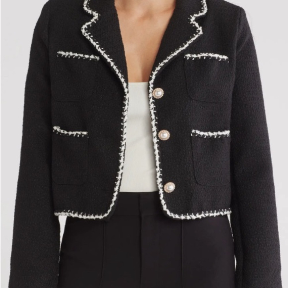 Ellen Tracy Black Boucle Blazer Pearl Buttons NWT L French Style Tweed Trim - Picture 7 of 14